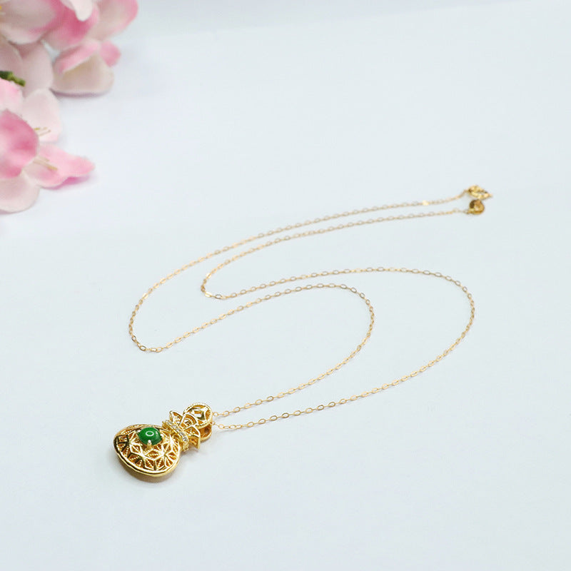 Green Jadeite Sterling Silver Lucky Money Bag Necklace