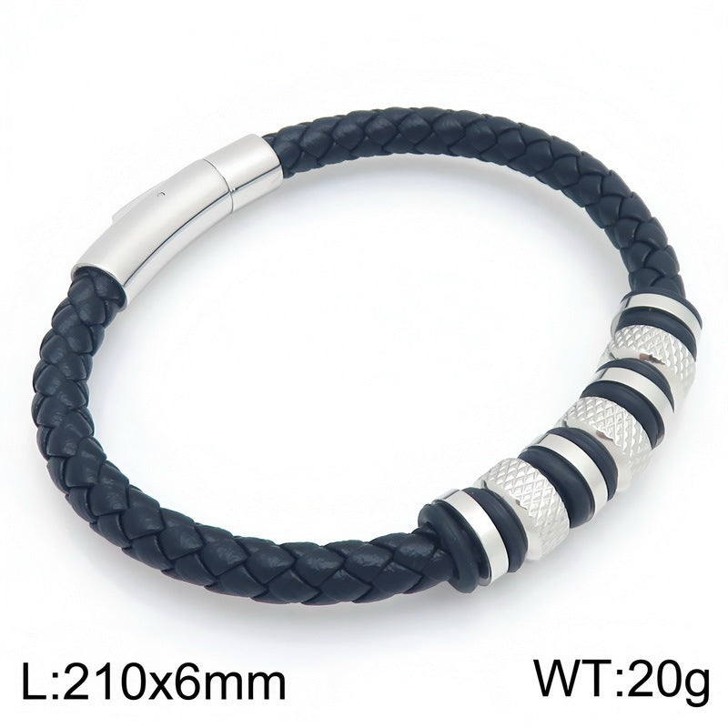 Rhombus Knurled Titanium Steel Ball Woven Microfiber Leather Magnetic Buckle Leather Bracelet