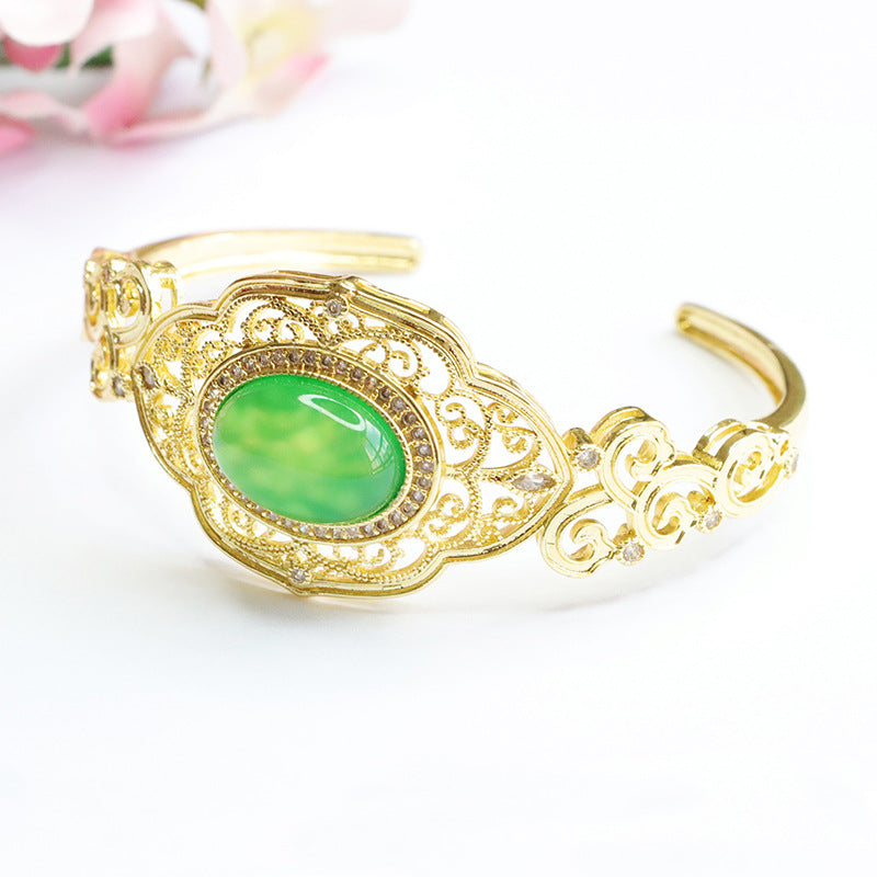 Green Chalcedony Sterling Silver Bracelet with Auspicious Cloud Design