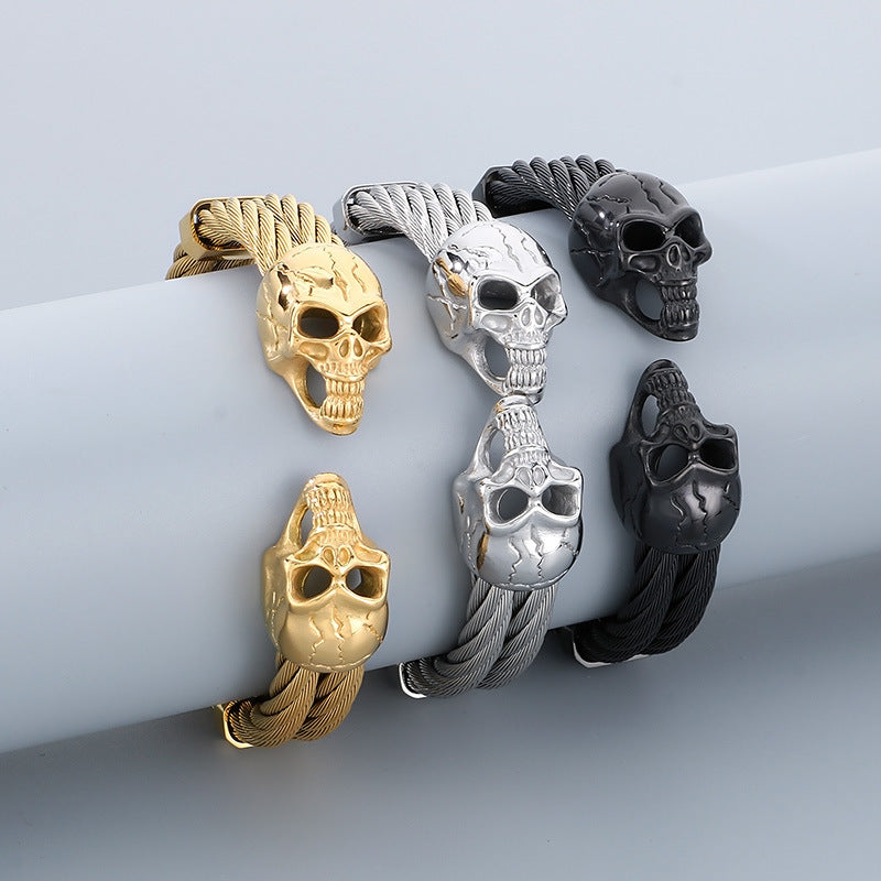Punk Double Skull Steel Wire Men's Titanium Steel Bracelet