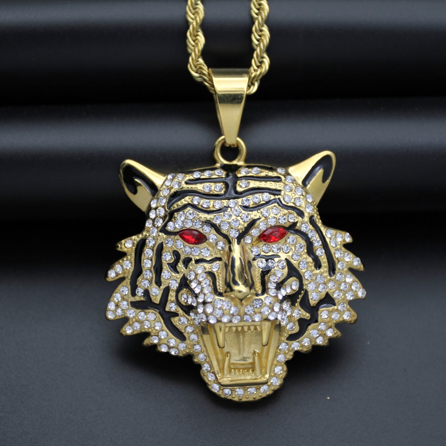 Planderful Hip Hop Bottle Opener Necklace Unisex Titanium Gold Plated Zircon Bold Tiger Head Pendant