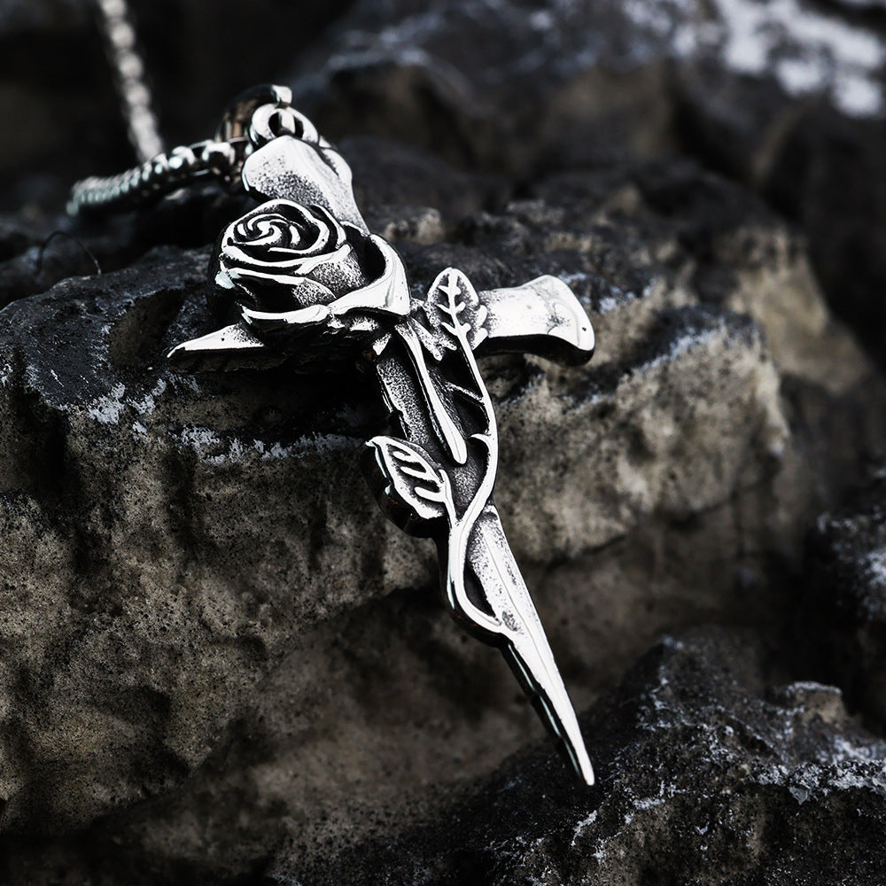 Planderful Rose Cross Pendant Stainless Steel Retro Design Unisex Gift For Men And Women
