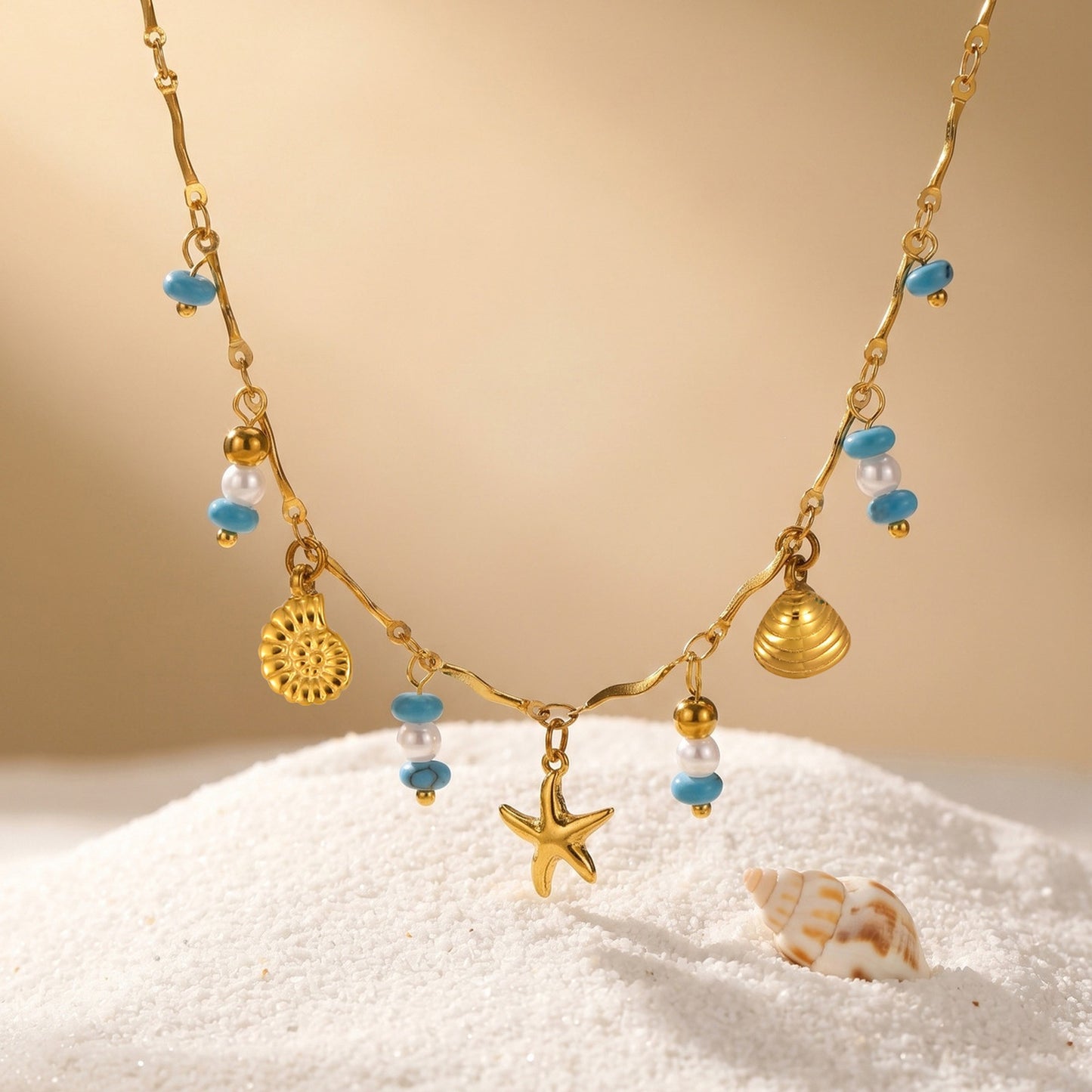 Ocean Wind Stainless Steel Turquoise Imitation Pearl Conch Starfish Shell Wave Bead Necklace