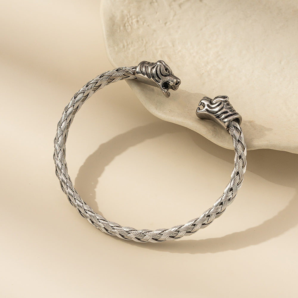 Planderful Everyday Genie Men's Tiger Head Stainless Steel Woven Bracelet Domineering Open Cuff Jewelry