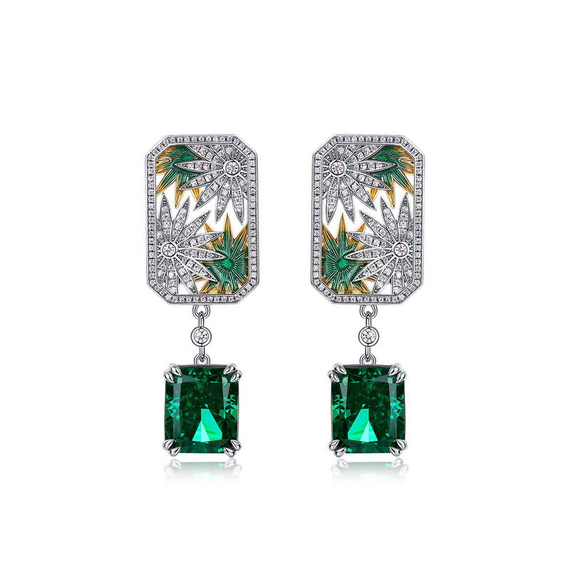 S925 Sterling Silver Synthetic Green Gemstone Openwork Stud Earrings