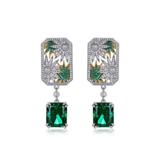 S925 Sterling Silver Synthetic Green Gemstone Openwork Stud Earrings