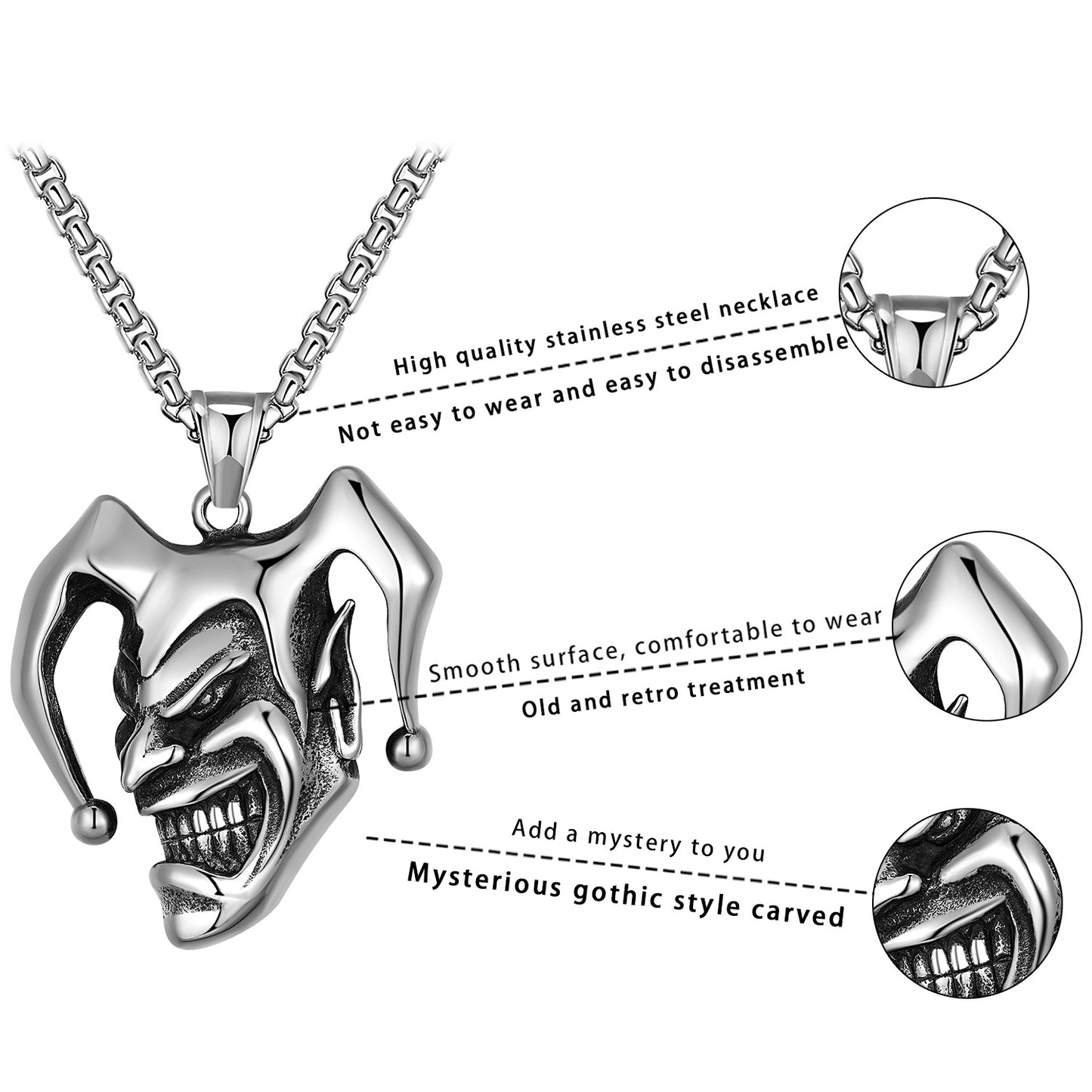 Stainless Steel Necklace – Elegant Clown Smile Pendant For Men Everyday Jewelry Gift