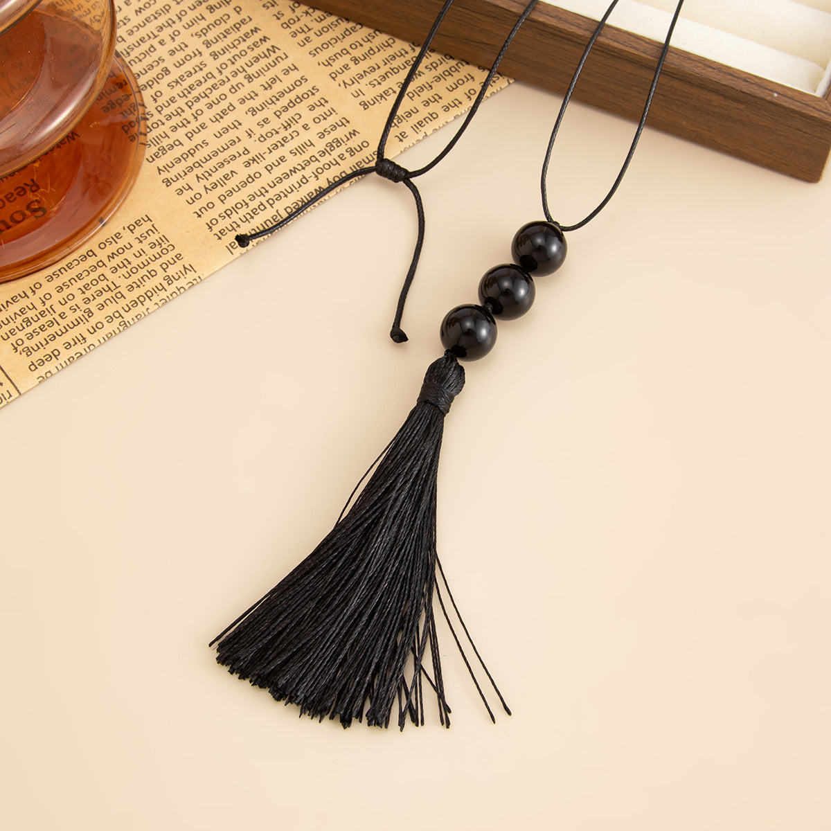 Black Acrylic Bead Tassel Long Necklace