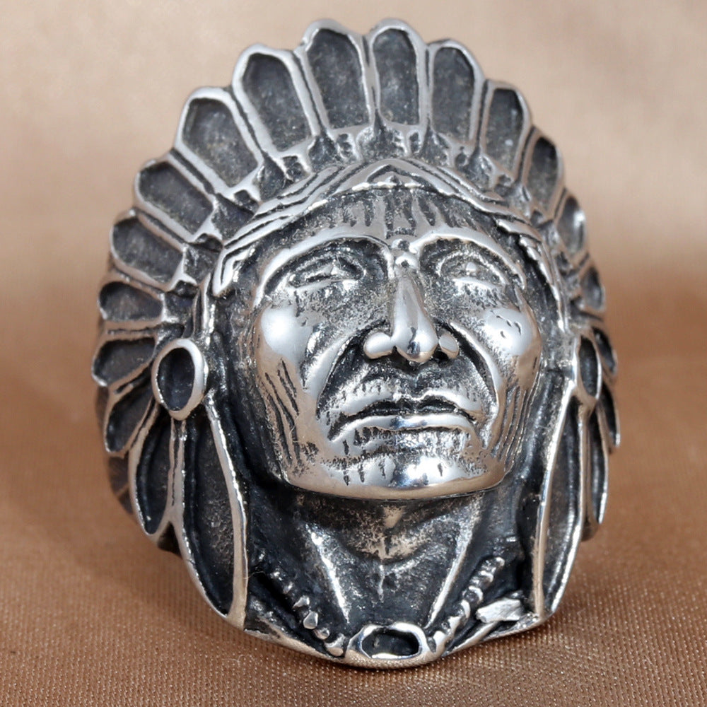 Trendy Personalized Titanium Steel Skull Ring for Men – Retro Portrait Design Accessories