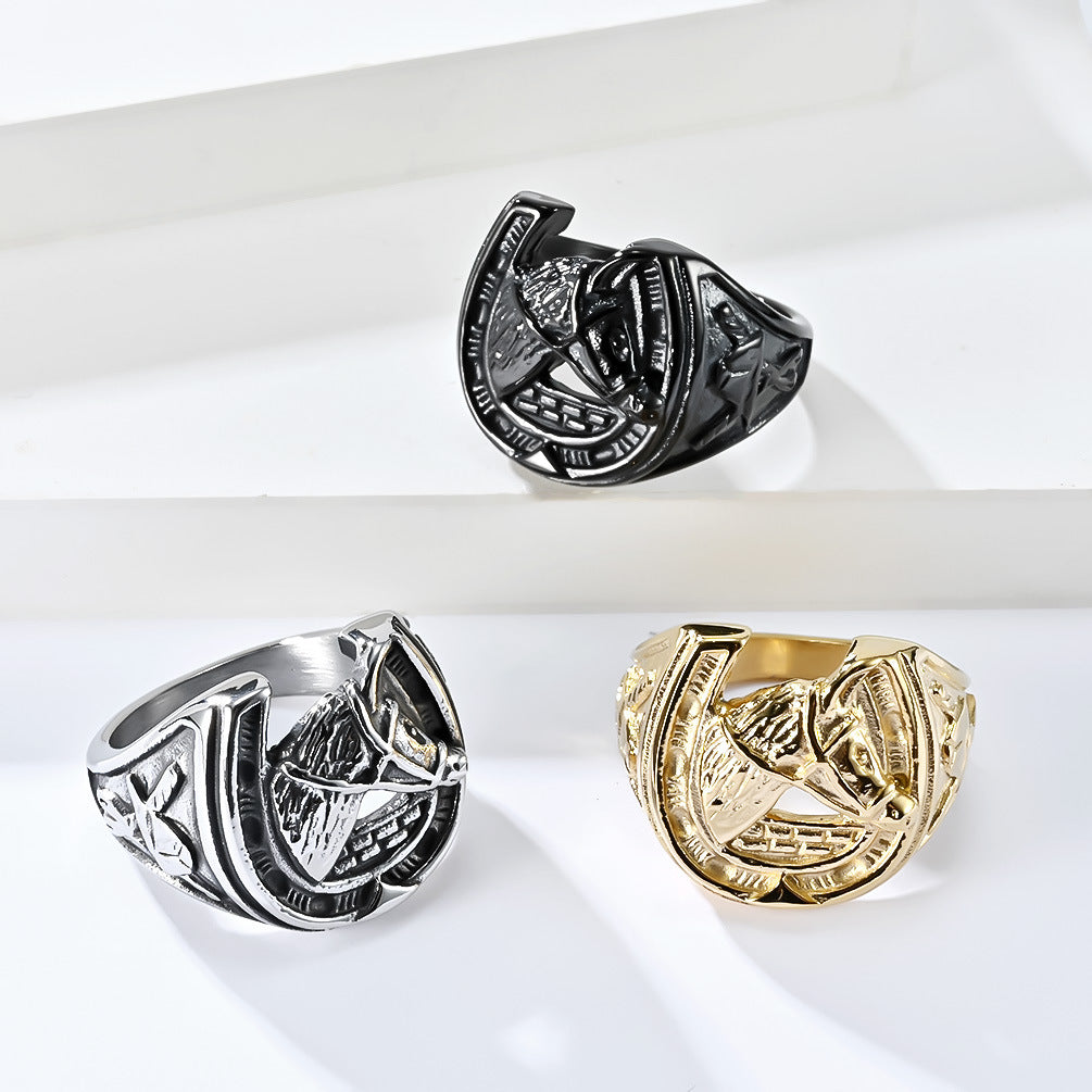 Retro Horse Head Horseshoe Titanium Steel Ring for Men
