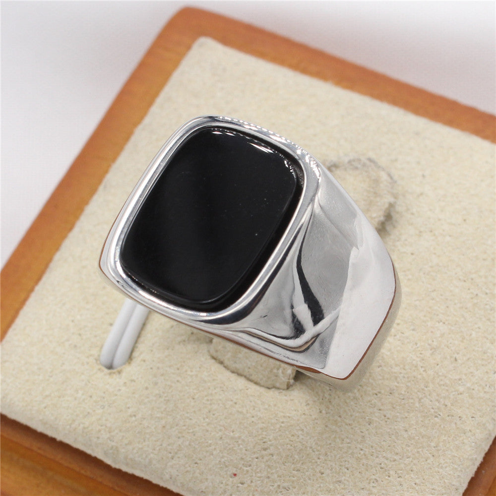 Planderful Everyday Genie Titanium Steel Ring for Men and Unisex Black Stone Rectangular Modern Protection