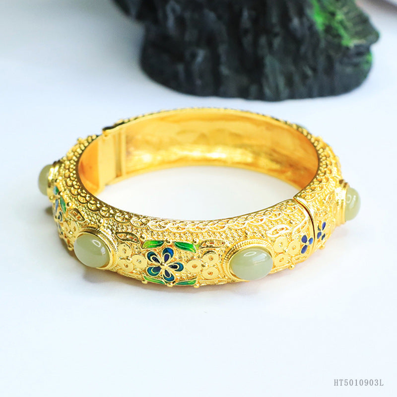 Qingshui Hetian Jade Enamel Flower Bangle
