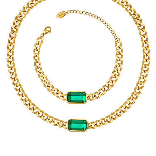 Hip Hop Green Black Glass Stone Necklace and Bracelet Set