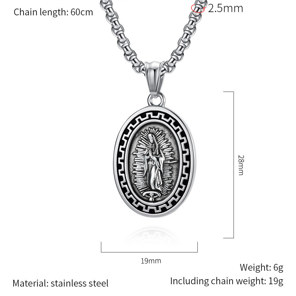 Planderful Virgin Mary Necklace For Men Retro Street Punk Steel Pendant Titanium Finish