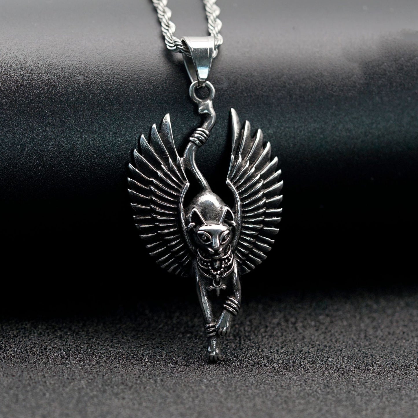 Stainless Steel Necklace - Statement Egyptian Mythology Winged Cat God Pendant For Him Gift Idea