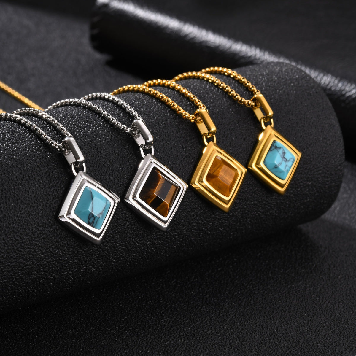 Men's Stainless Steel Square Tiger's Eye Stone Pendant Necklace Punk Stacked Wear