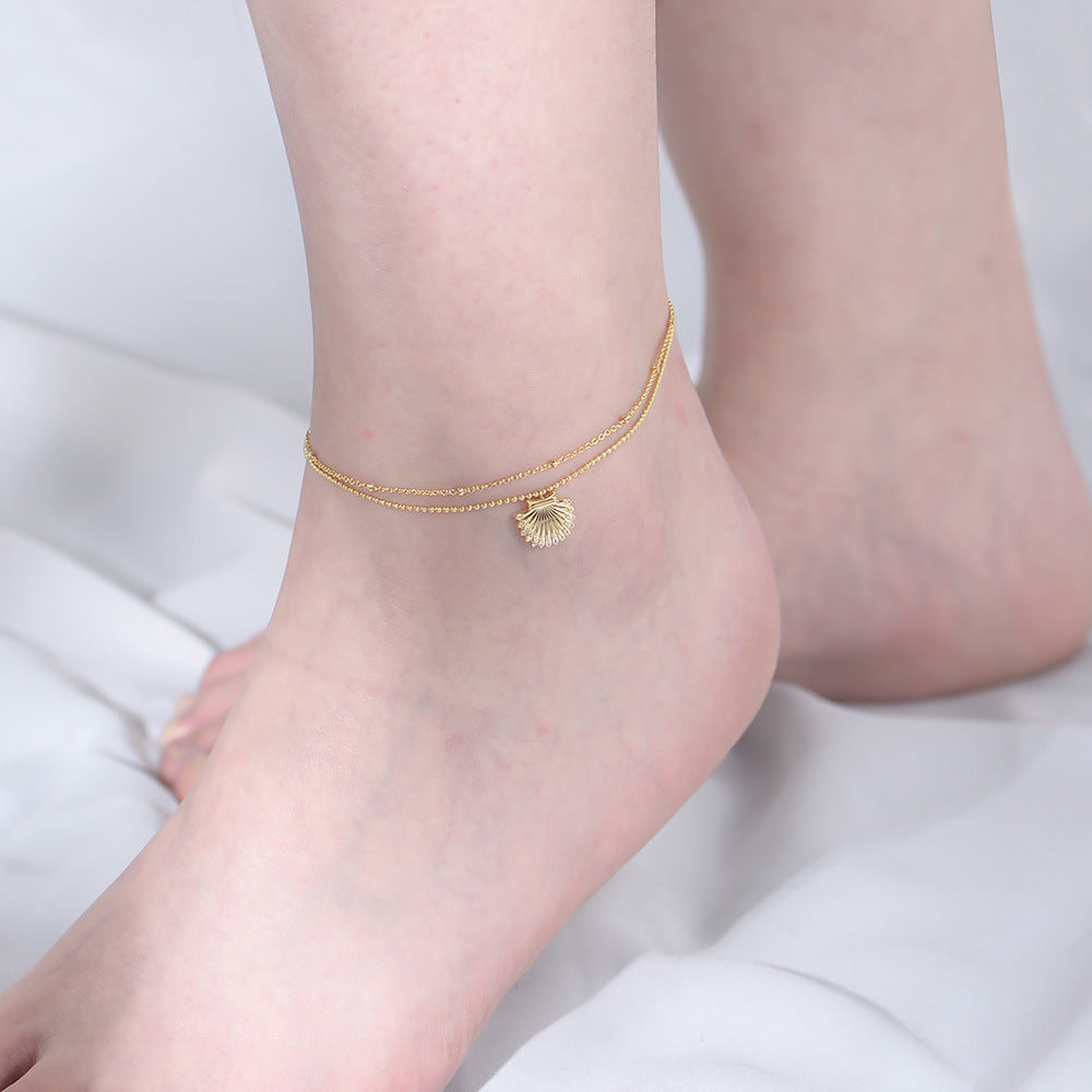 Hot Selling Foot Summer S925 Sterling Silver Shell Inlaid Zircon Anklet Girl Bracelet