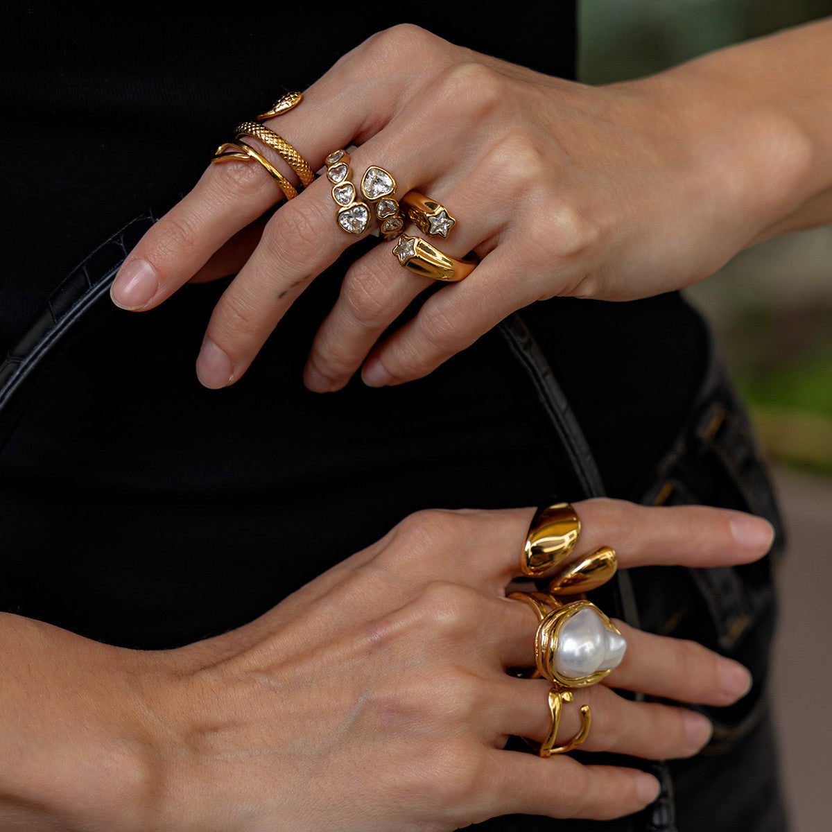 Planderful Snake Shaped Opening Ring Vienna Verve Stainless Steel Zircon Imitation Pearl Star Accent For Women