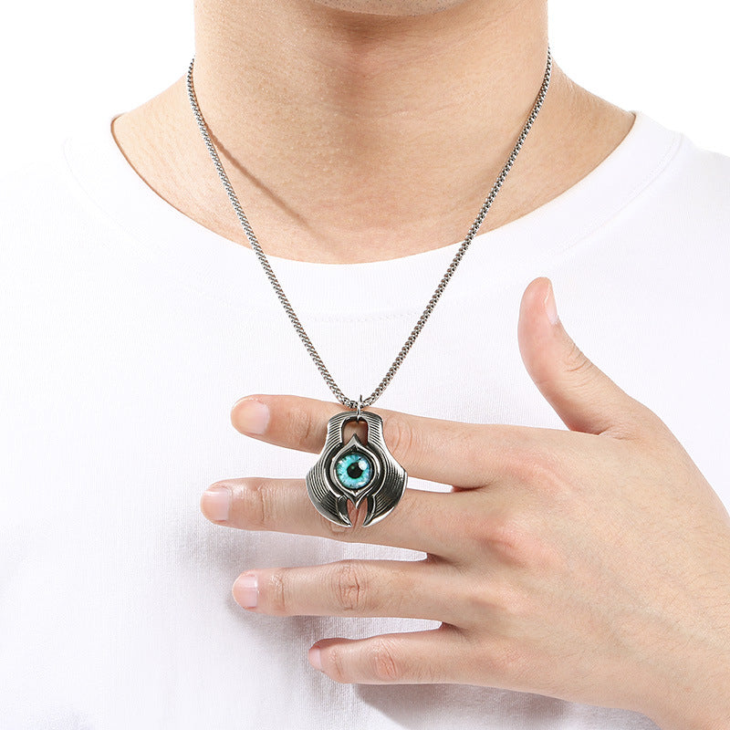 Axe Devil'S Eye Pendant, Ethnic Retro Turquoise Feather Pendant, Stainless Steel Men's Necklace