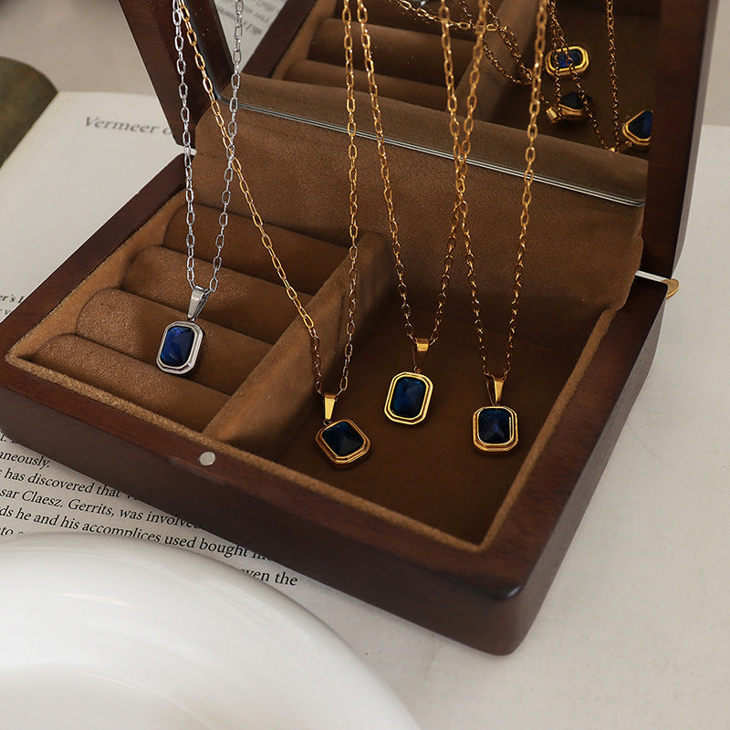 18K Gold Plated Necklace with Blue Crystal Pendant - Elegant Handcrafted Jewelry for Women