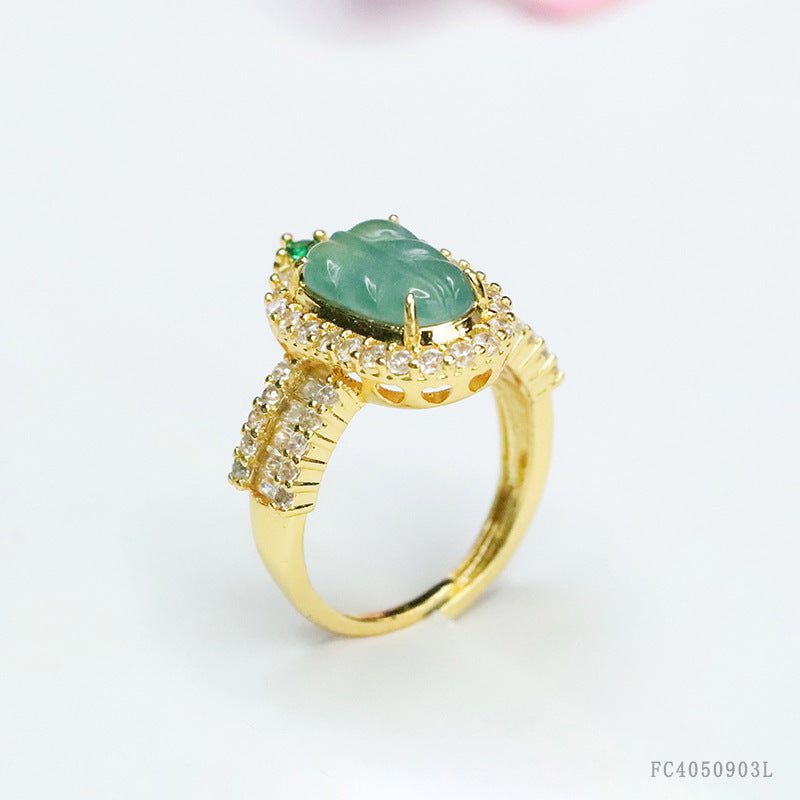 Blue Water Jadeite Leaf Pavé-Style Ring