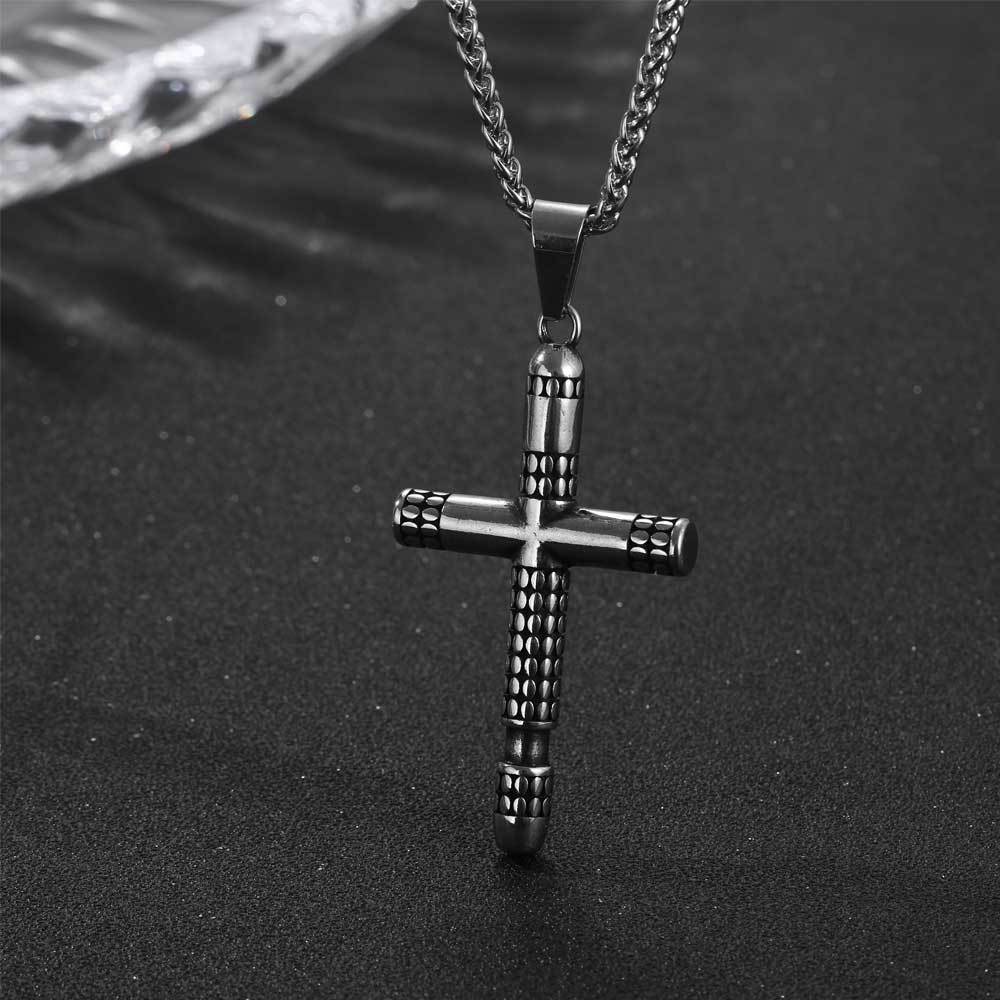 Titanium Steel Retro Cross Pendant Necklace for Men with Polka Dot Prayer Design