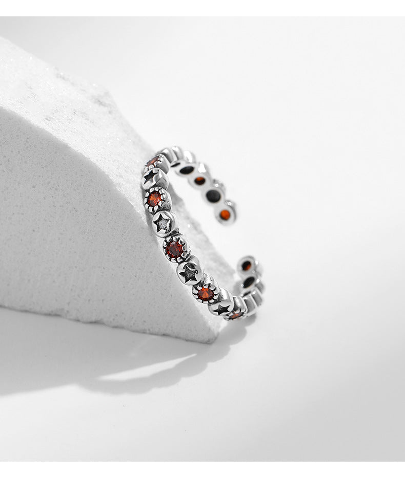Simple Garnet Red Sterling Silver Star Ring - Adjustable Opening
