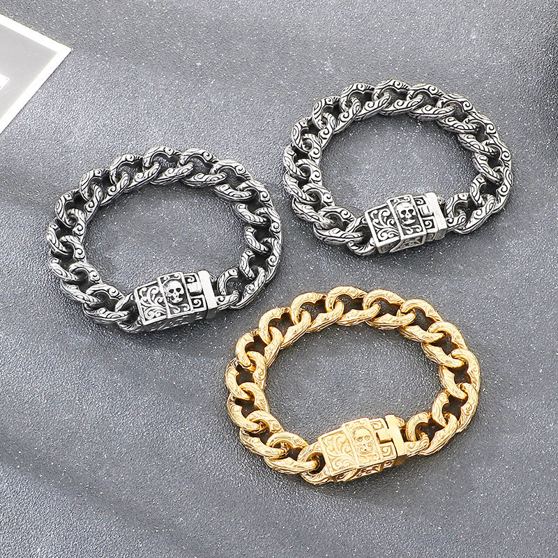 Dark Flower Pattern – Smearing Skull Buckle Cuban Chain Titanium Bracelet