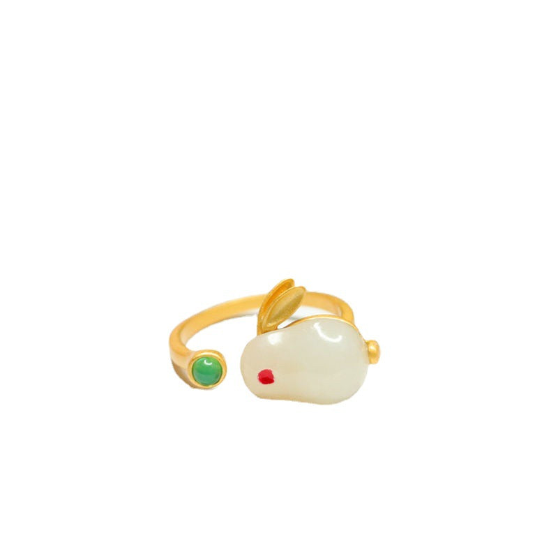 White Hetian Jade Rabbit 925 Silver Ring
