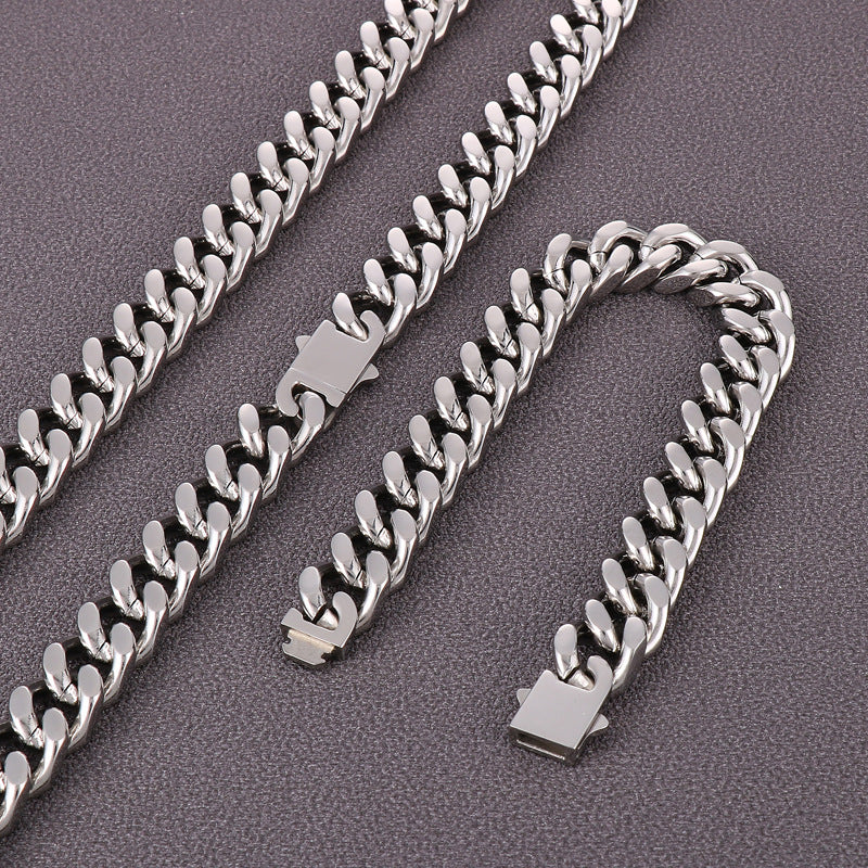 Stainless Steel Cuban Chain Bracelet, Rock Street Men's Vacuum Plated Four-Sided Grinding Square Necklace