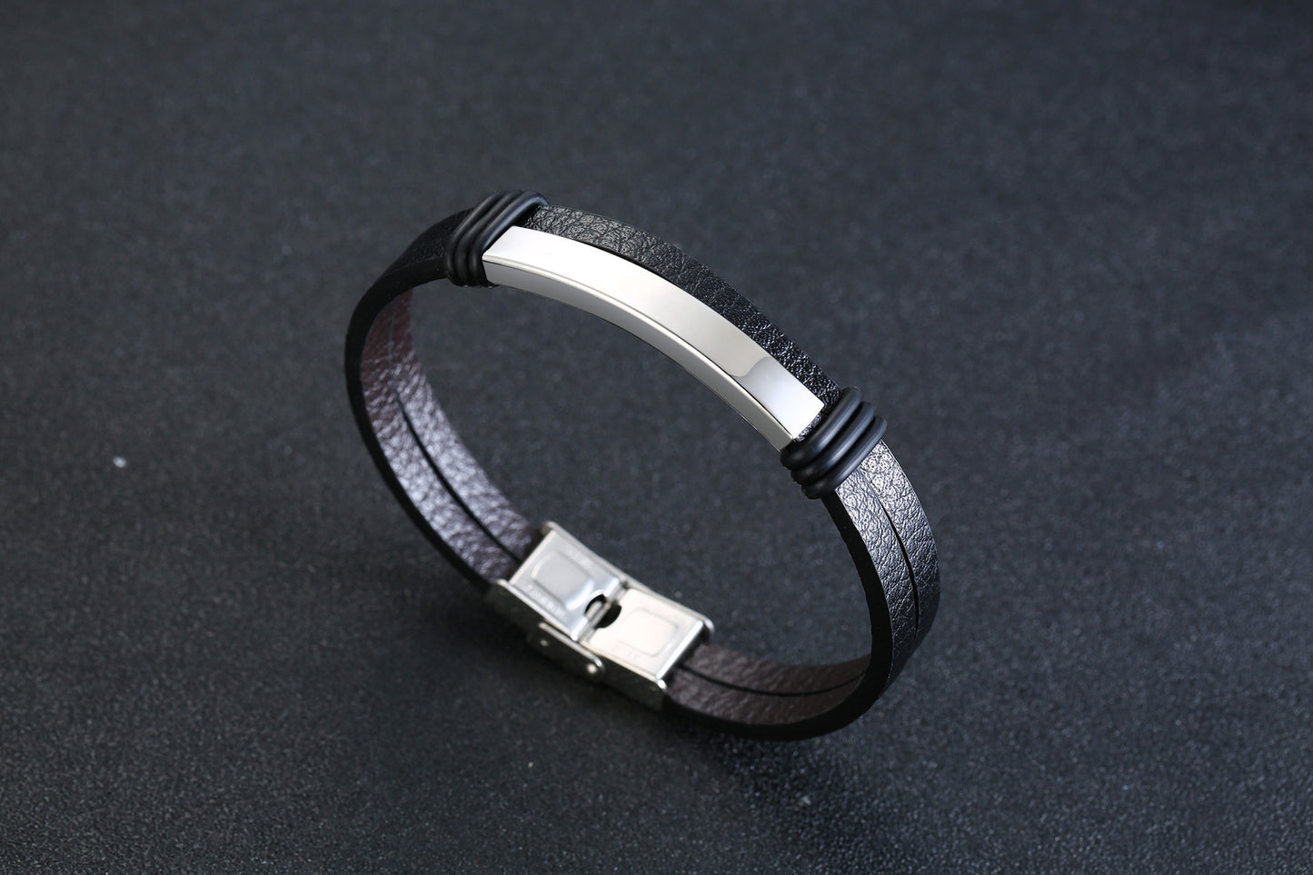 AliExpress Amazon Hot-Selling Black Stainless Steel Men's Bracelet Double Leather Bracelet Spot for Men