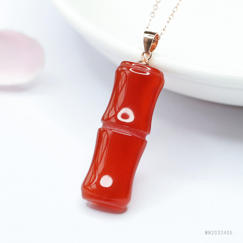 Red Agate Bamboo Silver Pendant — No Chain