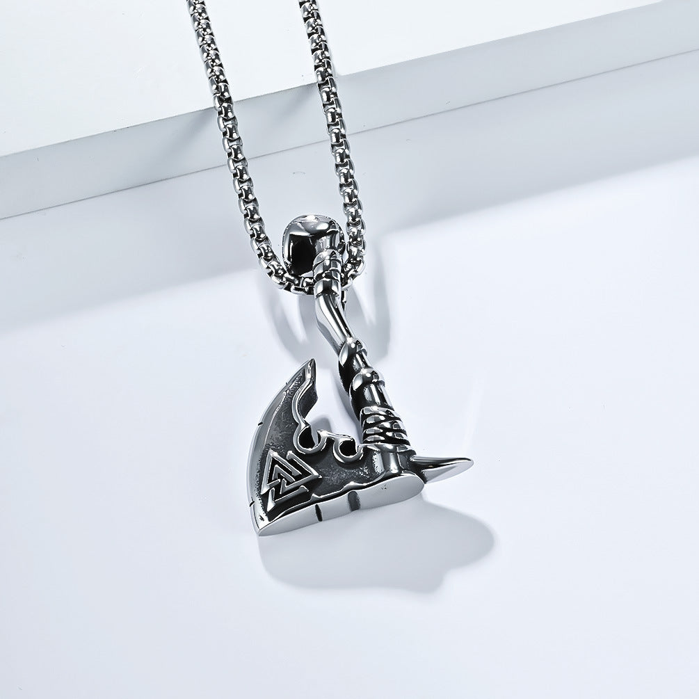 Planderful Viking Axe Pendant Stainless Steel Triangular Knot Nordic Retro For Men Bold Statement Necklace