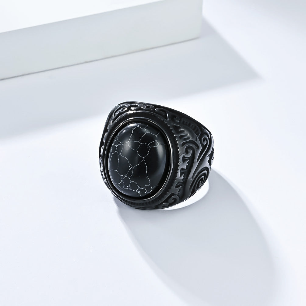 Planderful Mens Titanium Steel Ring With Tiger Eye Gem Retro Engraved Bold Statement Jewelry