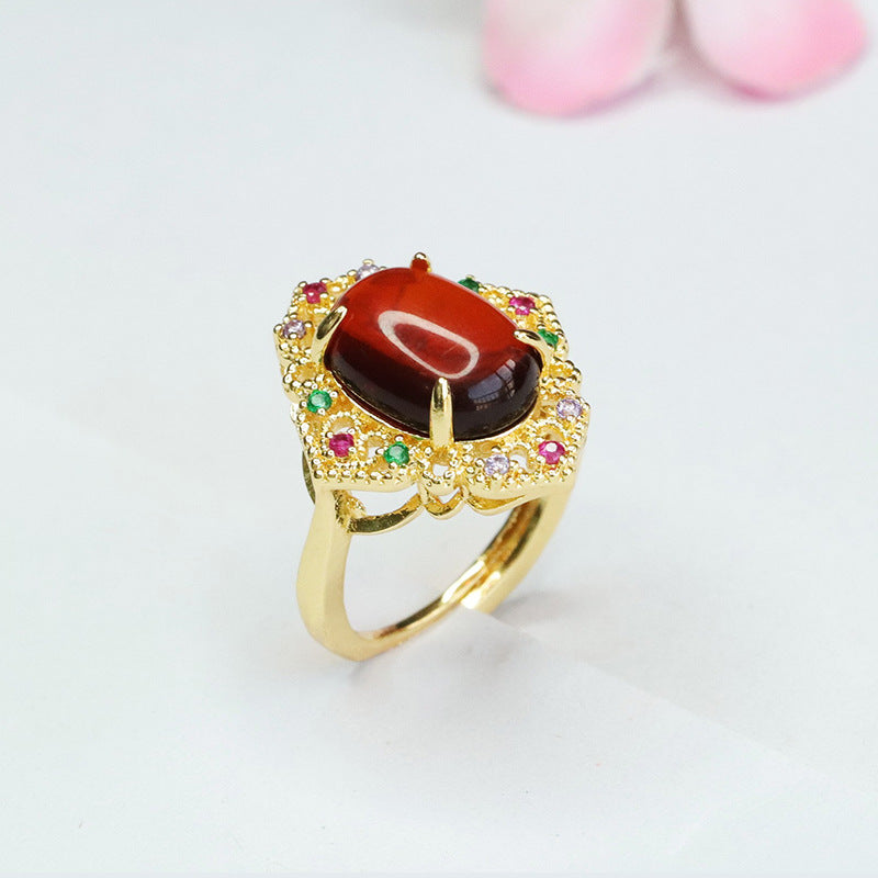 Ethnic Style Sterling Silver Ring with Beeswax Amber