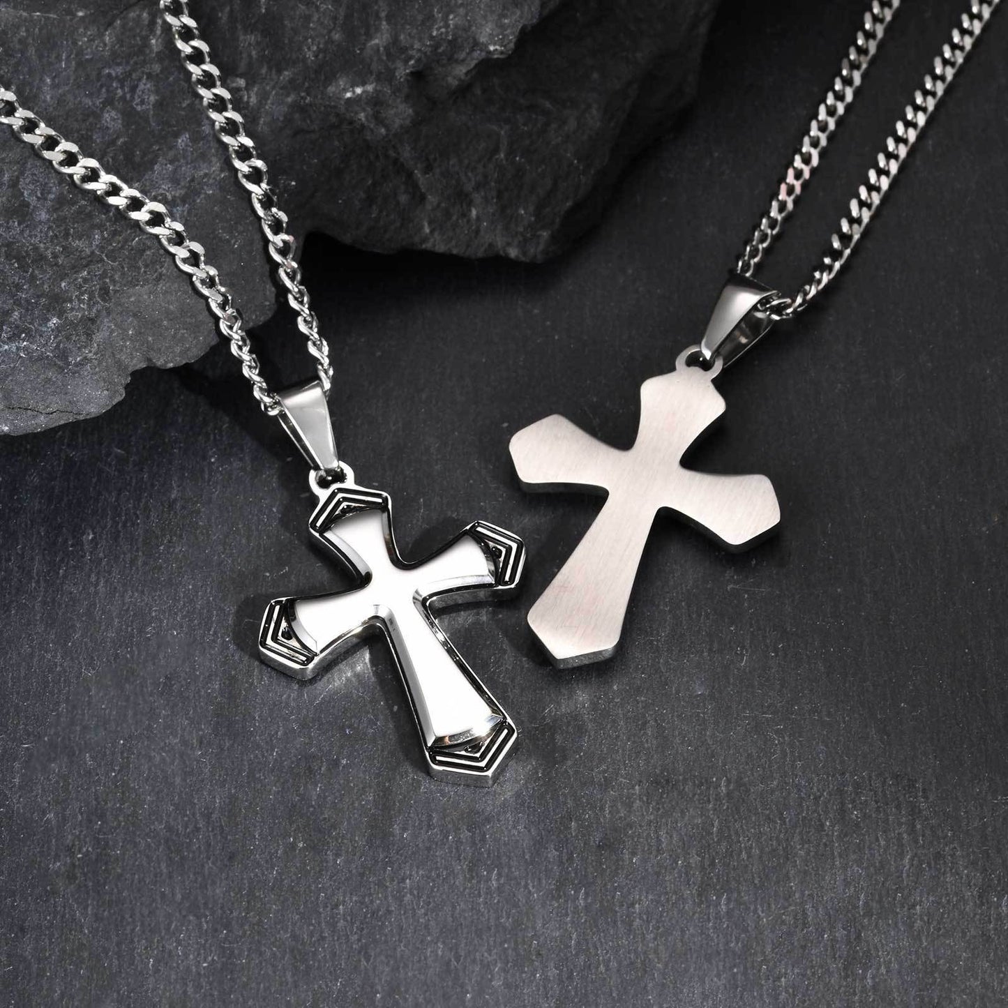 Stainless Steel Baked Black Lacquer Cut Cross Pendant Necklace