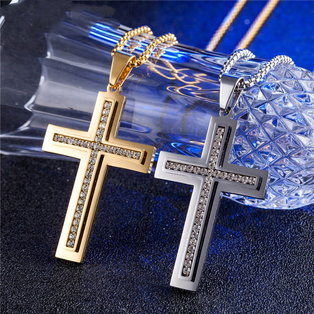 Planderful Zircon Inlaid Bold Double Layer Cross Pendant Necklace For Men Steel Hip Hop Everyday Wear