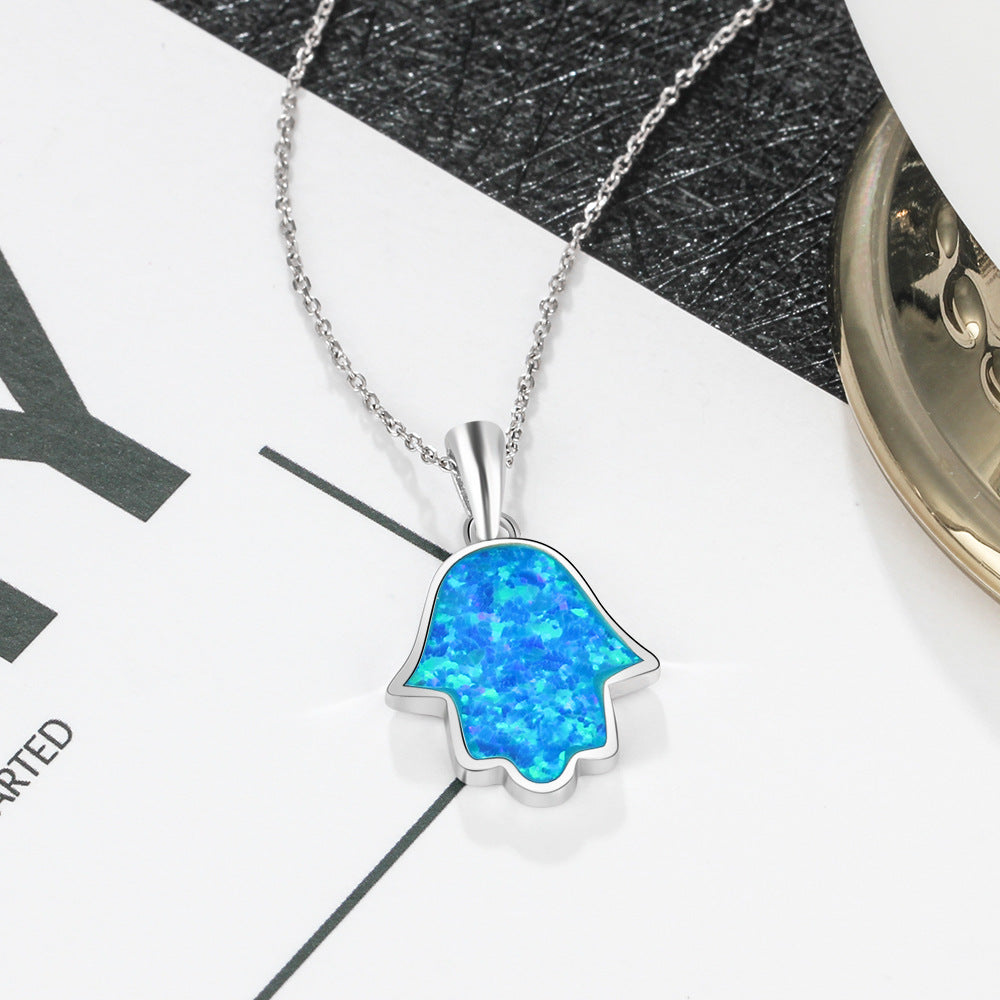 Planderful Jewelry Sterling Silver Blue Opal Palm Necklace For Women Elegant Everyday Accessory