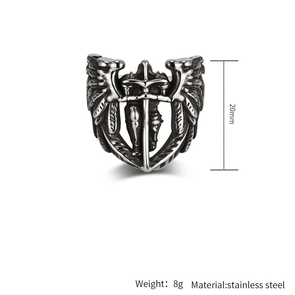 Planderful Everyday Genie St Michael Ring With Angel Wings Cross Bold Unisex Jewelry