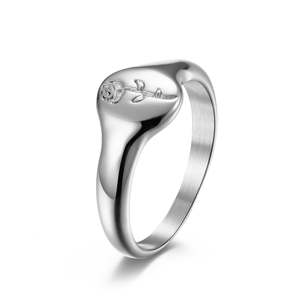 Steel Ring - Elegant European And American Style Floral Seal Ring For Everyday Wear