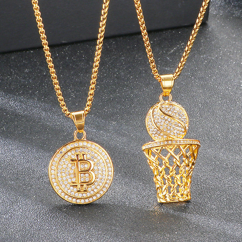 Full Of Zircon Ancient Roman Coins Round Pendant, Hip Hop Hiphop Sports Basketball Necklace