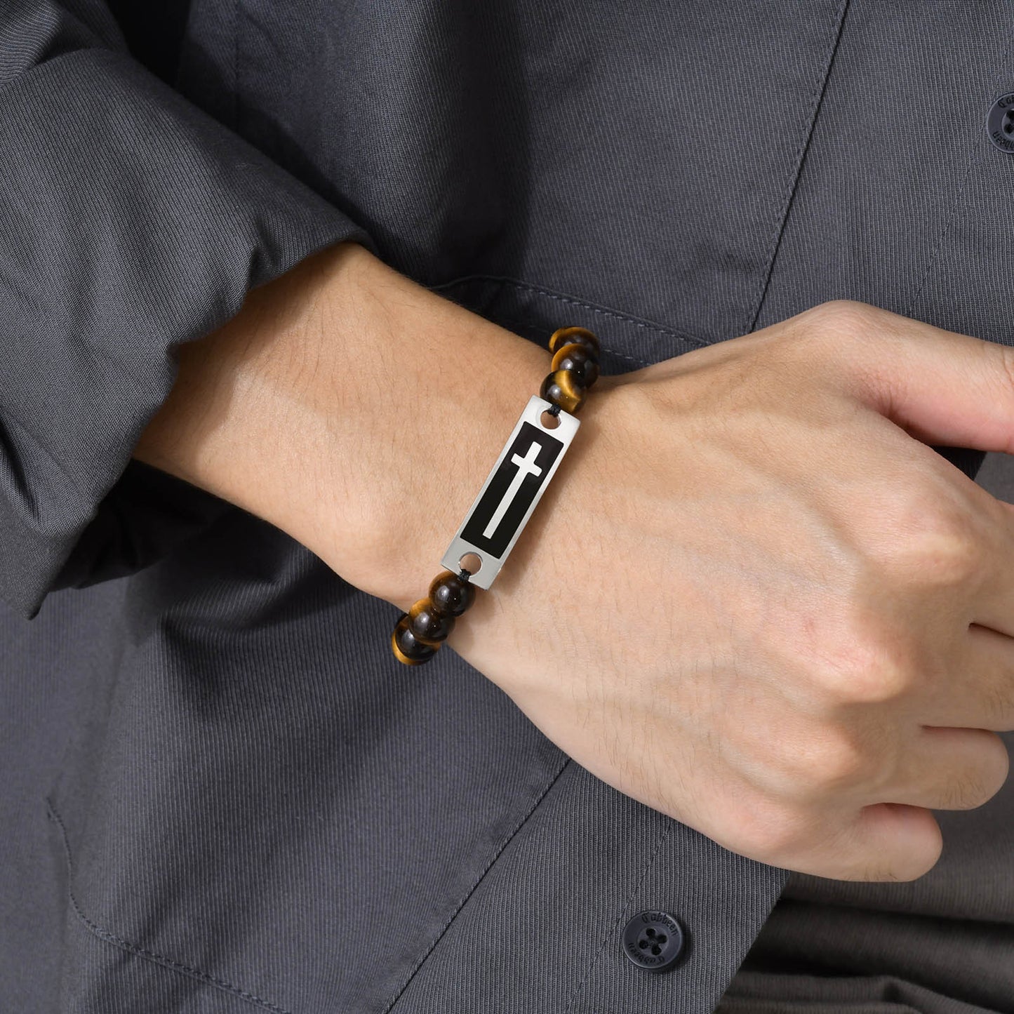 Bracelet Stainless Steel Bent Cross Black Agate Tiger's Eye Beaded Woven Bracelet for Men