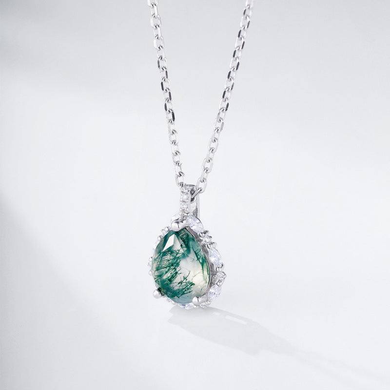 S925 Sterling Silver Moss Agate Pendant Necklace