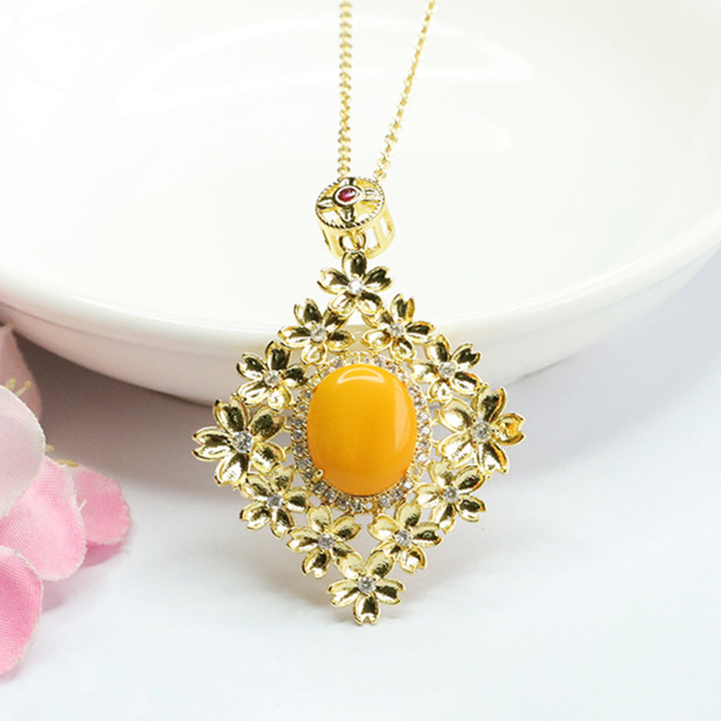 Floral Beeswax Amber Pendant Necklace with Sterling Silver Chain