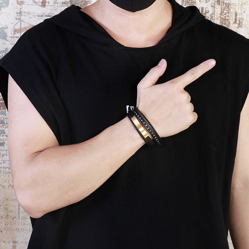 Planderful Leather Woven Steel Magnet Buckle Bracelet Men