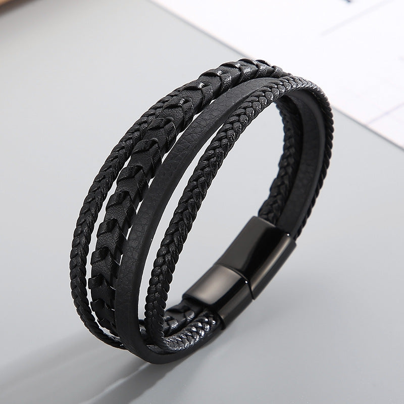 Planderful Mens Leather Braided Bracelet Magnetic Buckle