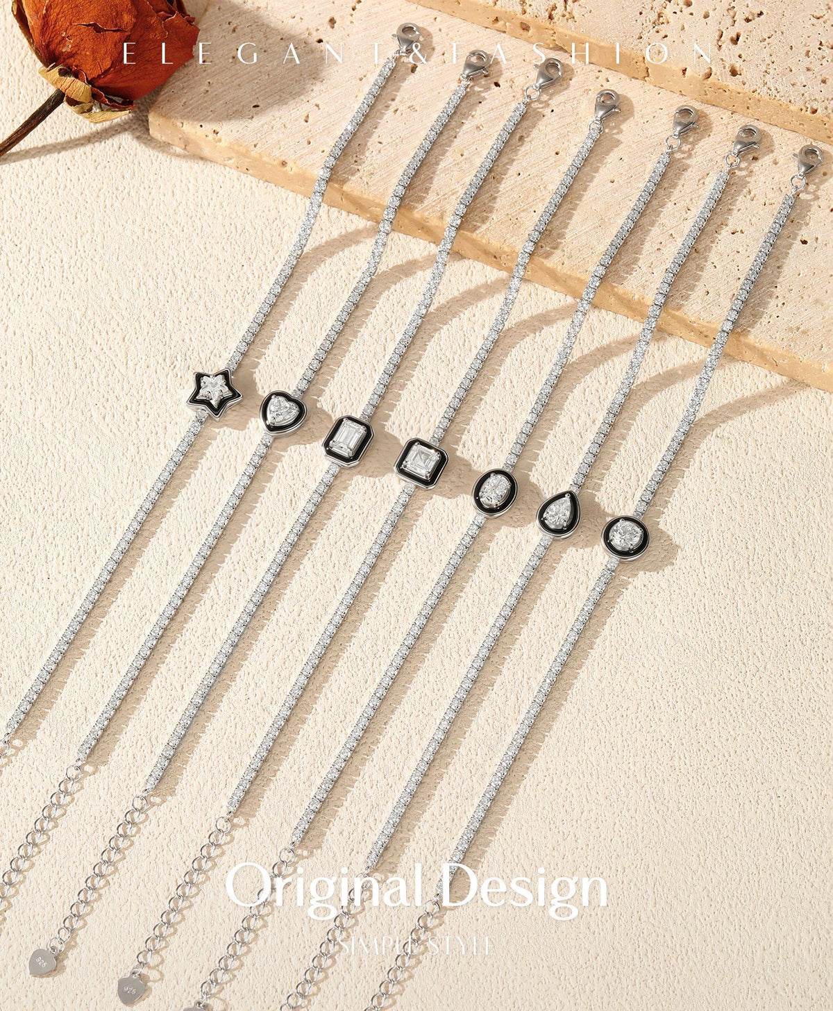 925 Sterling Silver Black Geometric Enamel Bracelet