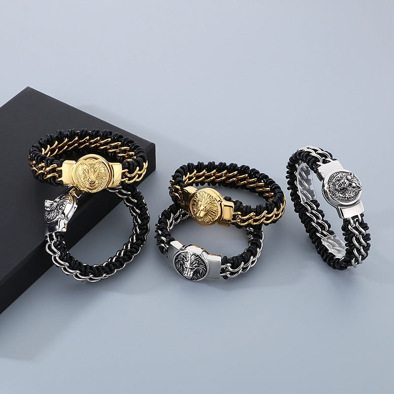 Wolf Head Bracelet – Punk Animal Lion Head Magnet Buckle Titanium Steel Woven Leather