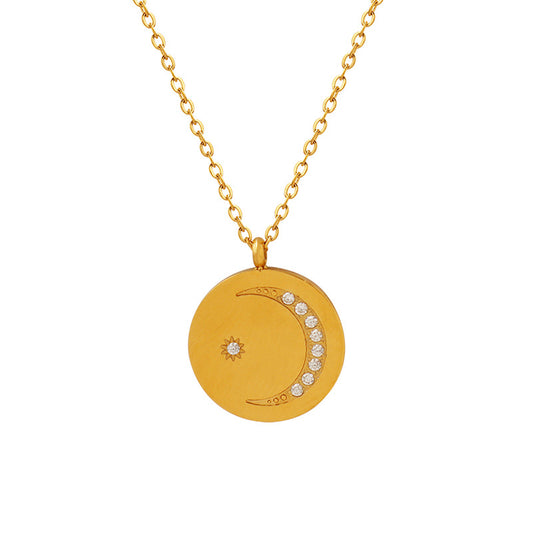 Japanese and Korean Style Minimalist Round Zircon Moon Necklace in Titanium Steel - Colorfast and Elegant Piece