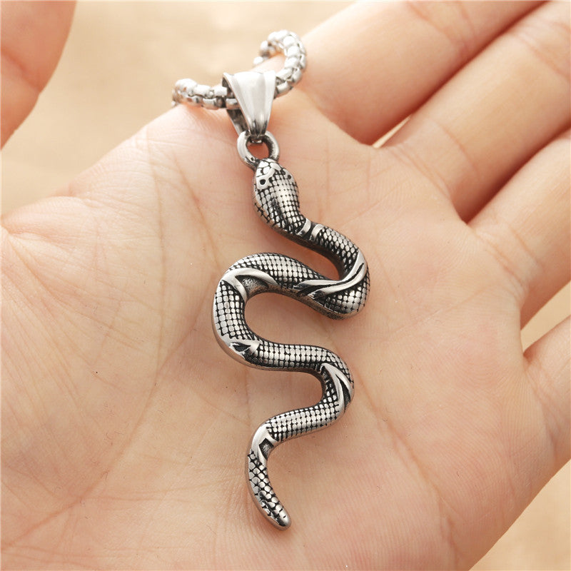 Retro Punk Stainless Steel Snake Pendant Necklace for Men - European and American Titanium Steel Design